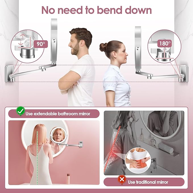 1X/20X Rechargeable Wall Mounted Lighted Makeup Mirror, 8" Magnifying Mirror with 3 Color Dimmable Lights for Bathroom, Built in 2000mAh Battery, 360° Rotation Vanity Mirror Extendable Arm