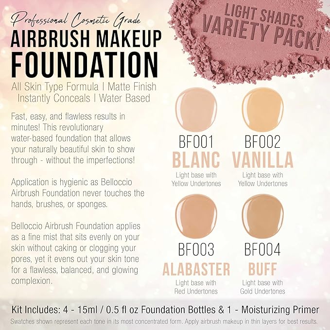 Belloccio Complete Cordless Handheld Airbrush Cosmetic Makeup System with 4 Fair Foundation Shades, Professional 18-Piece Kit, Moisturizing Primer, Blush, Bronzer, Highlighter, Concealer, User Guide