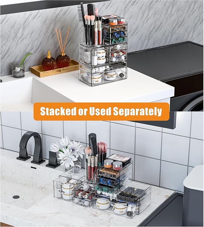 3 Pack Make up Organizers for Vanity & Counter,Clear Acrylic Cosmetic Storage Organizer With Brush Holder,Cute Makeup Holder for Dresser,Dorm,Bathroom Beauty Products,Lipstick and Skin Care Organizer