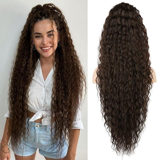 SEIKEA Ponytail Extension, 36" Long Lightweight Full Natural Curly Drawstring Ponytail Fake Pony Tail Multi Layered Soft Clip in Hair Extensions Ponytail Synthetic Hairpiece, Chocolate Brown