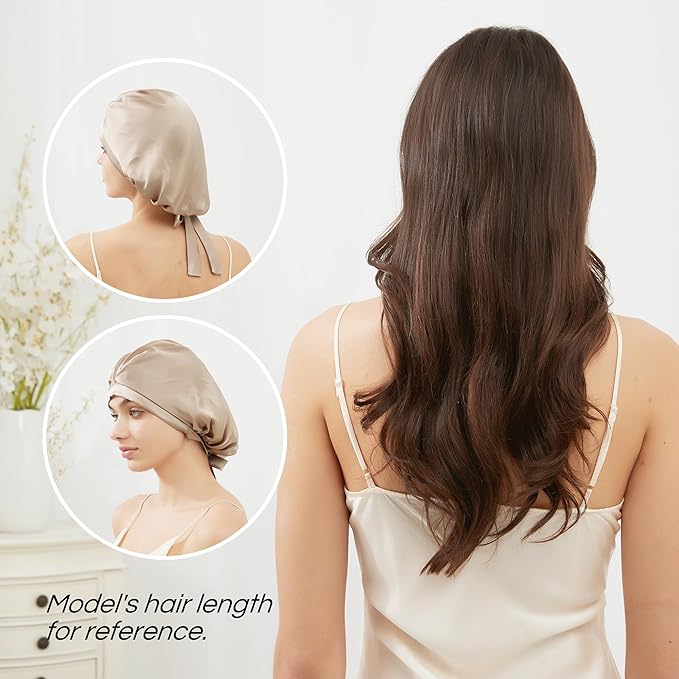 RachelSilk 100% Mulberry Silk Sleep Cap, Grade 6A 19 Momme Silk for Women Hair Care, Silk Night Bonnet with Elastic Stay On Head, Silk Cap After Shower, for Small -Medium Head Size (Taupe)