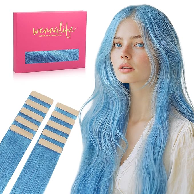 WENNALIFE Tape in Hair Extensions Human Hair Turquoise Tape in Extensions, 10pcs 25g 18 inch Remy Invisible Tape Ins Straight Colored Soft Real Human Hair Tape in Extensions Refill Set Extensions