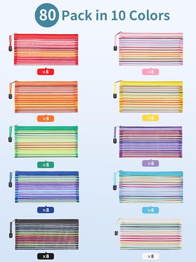 JARLINK 80 Pack Mesh Zipper Pouch, Pouch Bulk in 10 Colors, Multipurpose Storage Bags for Organizing Makeup Essentials, Travel Accessories, Office, School and Teacher Supplies