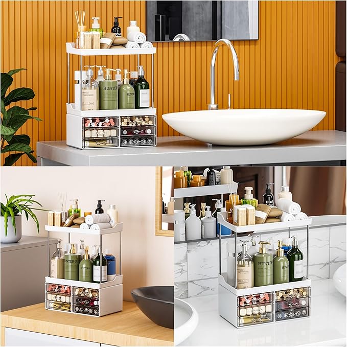 2 Pack Bathroom Organizers and Storage Countertop With 6 Drawers,Stackable Vanity Drawer Organizer,14.4" Tall Large Capacity Skin Care Organizer and Exquisite Cosmetic Storage Box,White