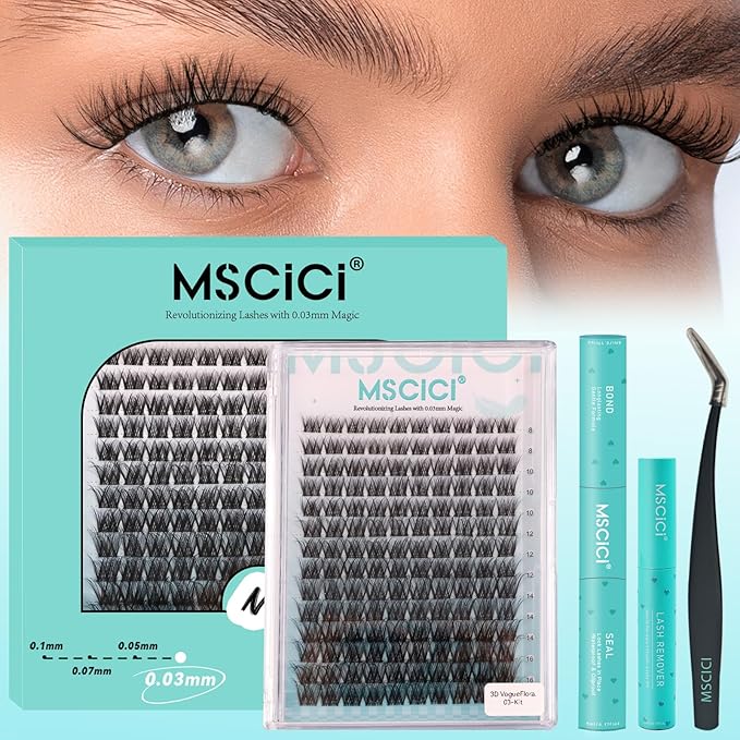 VogueFlora.03 EyeLash Clusters Kit 3D Hybrid 8-16mm D Curl - DIY Doll Eye Wet Look Angel Sets Lash Extensions Ultra Soft Spiky Lashes Individual Fake Eyelashes Clusters Kit Invisible Lash Band