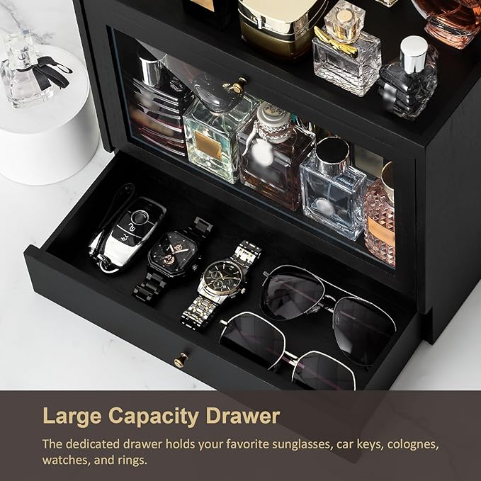 Cologne Organizer for Men, Solid Wood Perfumes Organizer for Men Dresser, Large Capacity Dustproof Cologne Holder with Drawer Storage Perfume Stand Organizer, Ideal Gift for Loved ones
