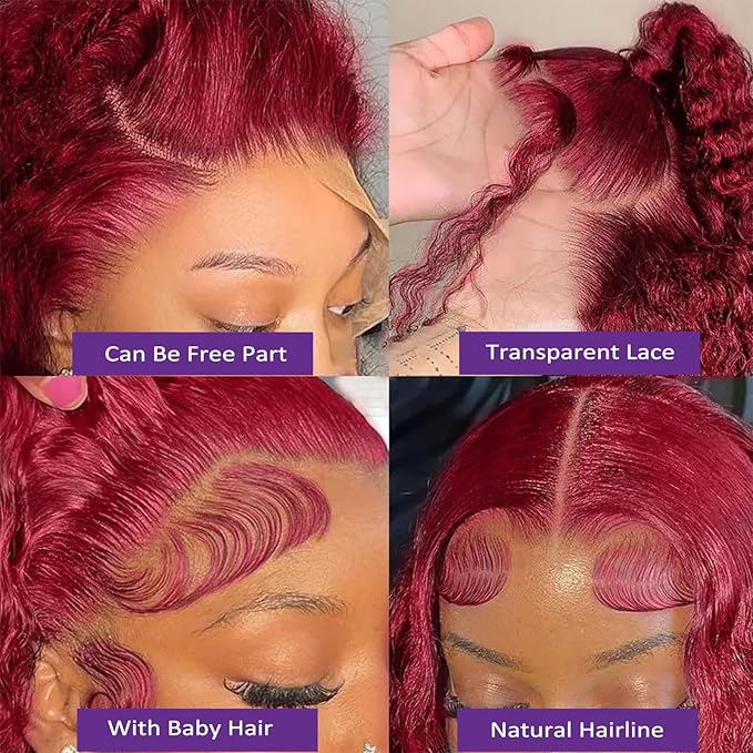 32 Inch Loose Deep Wave Lace Front Wig Human Hair Burgundy 13x4 HD Pre Plucked 180% Density 99j Loose Wave Frontal Wig Glueless With Baby Hair
