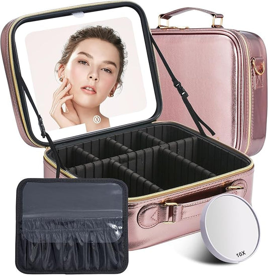 Mocado Travel Makeup Bag with LED Lighted Mirror, Travel Makeup Organizer, Makeup Case with 3 Color Lighted Setting and 10x Magnifying Mirror, Portable Storage and Adjustable Dividers (Champagne)