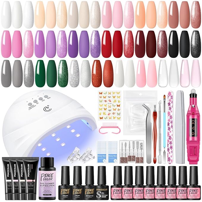 Gel Nail Polish Kit with U V Light and Drill Starter Kit 16 Colors Nail Polish 4PC Poly Nail Gel Base Top Coat Nail Stickers Professional Manicure Tool with Everything Gift for Women