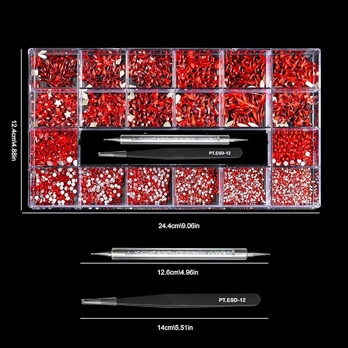 12 Types of Red 600 Diamonds + 2500 Flat Rhinestones Mix 20 Styles Flatback DIY Crafts Rhinestone Crystals 3D Decorations Flat Back Stones Set +Tweezers + Drill Pen