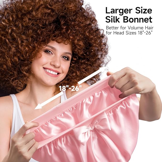 Umisleep Large Silk Bonnet for Sleeping Women, 100% Double Layer 22 Momme Mulberry Silk, Non Slip Hair Bonnet with Adjustable Band for Curly Long Hair, Pink