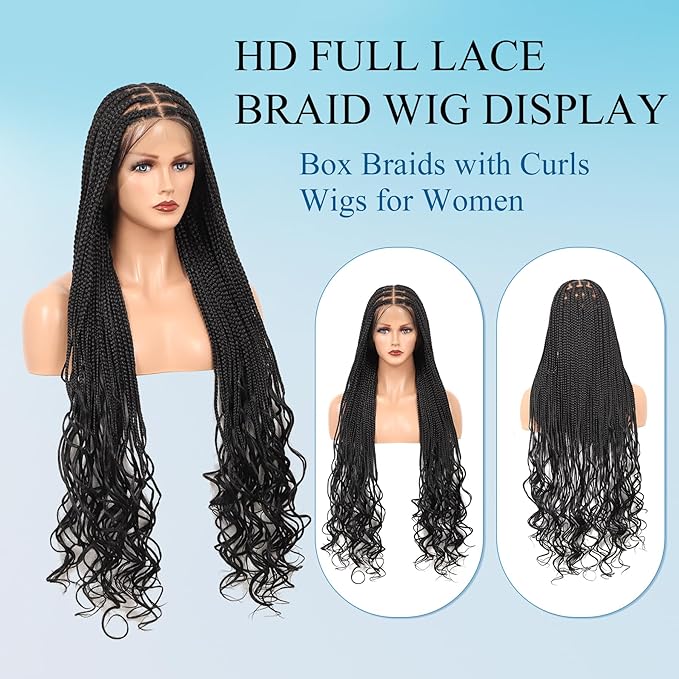 360° HD Full Lace Knotless Braided Wigs for Women Box Braid Wig with Curly End Human Hair Blended Braided Lace Front Wigs with Baby Hair 36 Inch Black