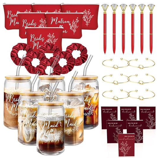 Irenare 36 Pcs Bridesmaid Proposal Gifts Bridal Shower Gifts 16 oz Glass Cup Cosmetic Makeup Bags Invited Cards Scrunchies Hair Knotted Bracelets Diamond Pens Favors for Wedding (Red)
