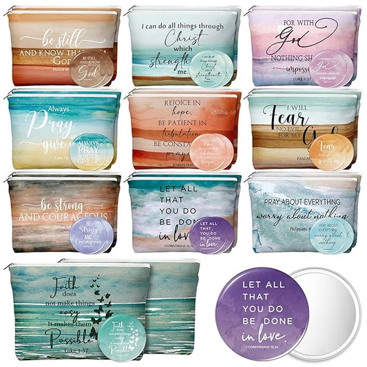Reginary 20 Sets Christian Gifts for Women Include 20 Religious Canvas Makeup Bags with 20 Bible Verse Compact Mirrors Mother's Day Inspirational Birthday Gift for Mom(Bright Colors,Abstract Style)