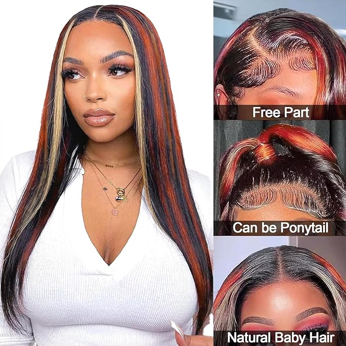 1B/Ginger and Blonde Skunk Stripe Straight Wigs Human Hair 13x4 Ginger Orange Blonde Highlight Lace Front Human Hair Colored Wig Glueless Pre Plucked With Baby Hair 180% Density 24 Inch for Women