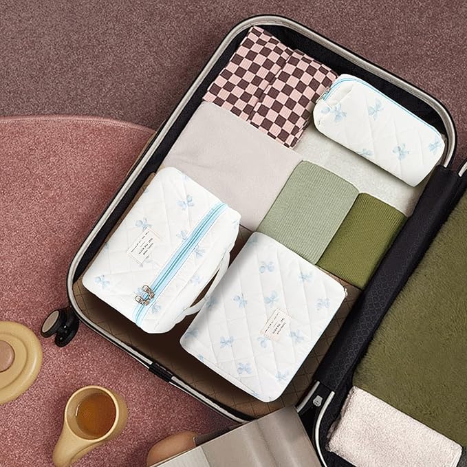 3Pcs Makeup Bag Cotton Quilted Travel Cosmetic Bag Cute Floral Makeup Pouch Large Toiletry Bag for Women Girls (Bow-Blue)