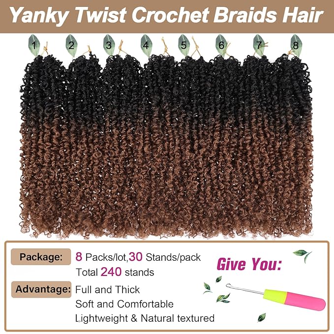 COOKOO 12 Inch 30 Strands/PCS Pre-twisted Yanky Twist Crochet Braids Hair 8 Bundles Micro Yanky Twists Crochet Hair for Women Pre-looped Spring Twists Braiding Hair with Culy Ends 1B/30#