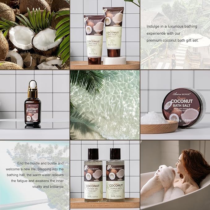 Spa Gift Baskets for Women, Coconut Bath Gift Set for Women Include Bubble Bath, Shower Steamers, Bath Salt. Bath and Body Spa Kit, Mom Birthday Gifts from Daughter, Birthday Gift Basket for Mom