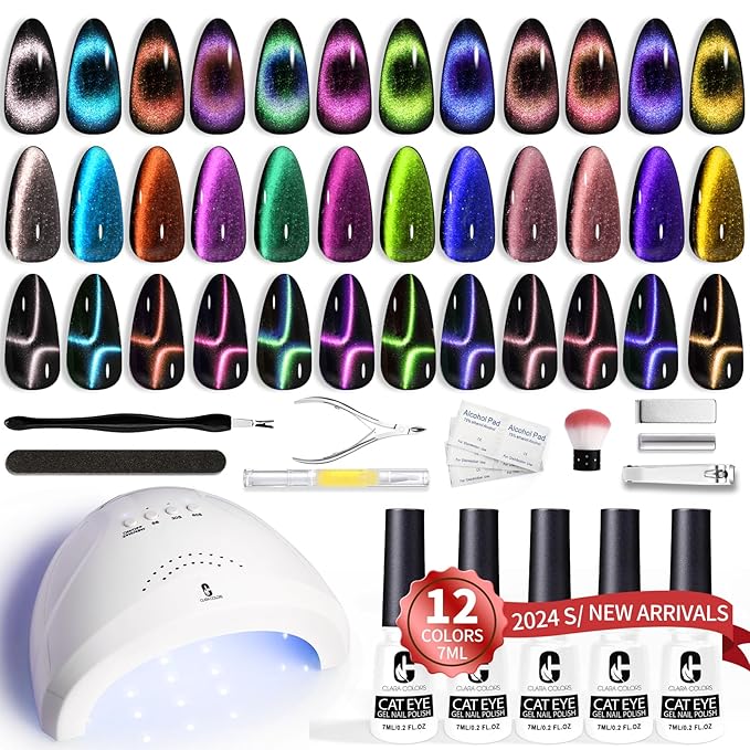 Clara Colors Cat Eye Gel Nail Polish Kit with UV Light, 12 Colors Upgraded 9D Magnetic Gel Nail Polish Galaxy Chameleon Effect Glitter Gel Nail Polish Kit with Magnet Stick Base Top Coat Tools