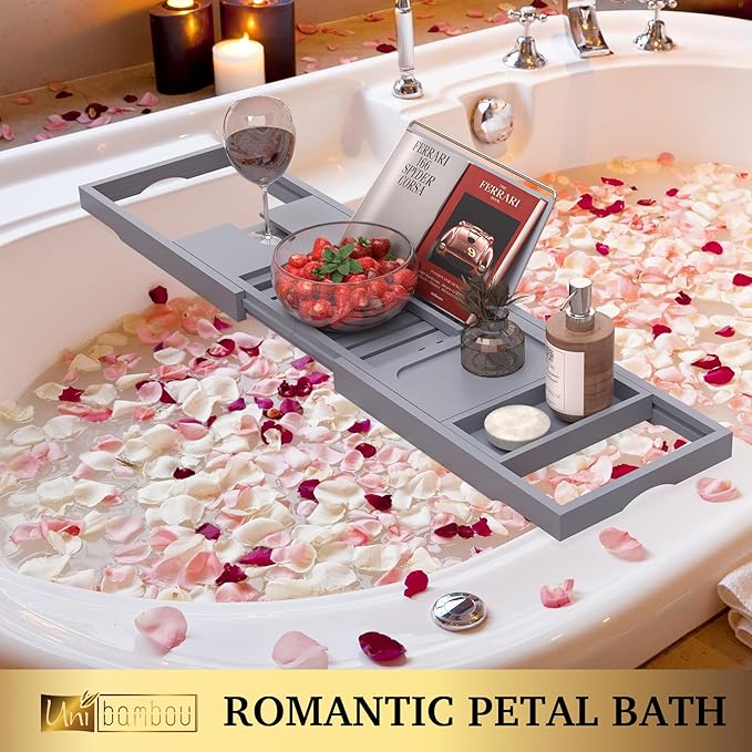 Foldable Bathtub Tray - Expandable Bamboo Bath Caddy Tray for Tub - Luxury Wood Bath Accessories, Perfect Spa Experience for New Home - Unique House Warming Gifts for Mom, Women, Couples