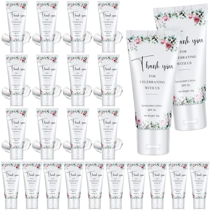 24 Pcs Mini Sunscreen Bulk for Summer Wedding Party Spf 30 Water Resistant Sunscreen Lotion Bulk 1oz Travel Size for Thank You Gifts Wedding Party Supplies(White Cream,Floral)