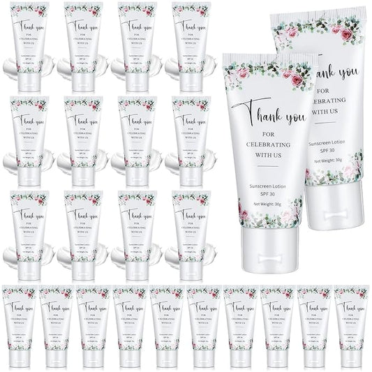 24 Pcs Mini Sunscreen Bulk for Summer Wedding Party Spf 30 Water Resistant Sunscreen Lotion Bulk 1oz Travel Size for Thank You Gifts Wedding Party Supplies(White Cream,Floral)