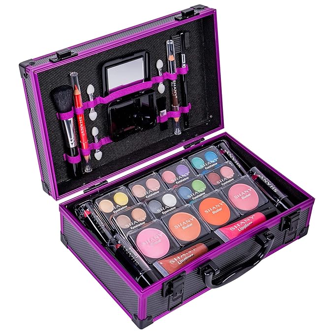 SHANY Carry All Makeup Train Case with Pro Makeup Set, Makeup Brushes, Lipsticks, Eye Shadows, Blushes, Powders, and more - Reusable Makeup Storage Organizer - Premium Gift Packaging - Purple