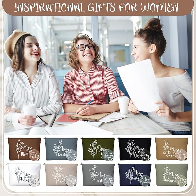 20 Pcs Employee Appreciation Gifts 10 Inspirational Canvas Makeup Bags 10 Compact Mirrors Bulk Cosmetic Bags Round Portable Pocket Mirror Thank You Gifts for Women (Boho)