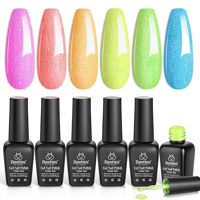 Beetles Glitter Neon Gel Nail Polish Set, 6 Colors Summer Sparkling Water Shimmer Blue Green Pink Orange Glitter Neon Gel Polish Soak Off Nail Art Design Salon Home Manicure Gift for Girls Women