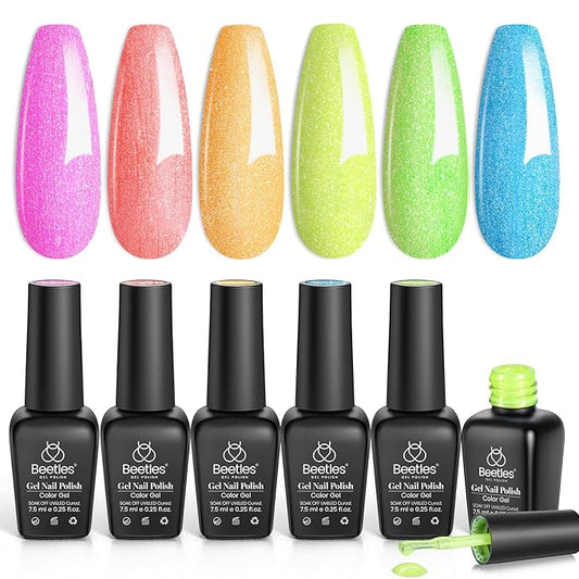 Beetles Glitter Neon Gel Nail Polish Set, 6 Colors Summer Sparkling Water Shimmer Blue Green Pink Orange Glitter Neon Gel Polish Soak Off Nail Art Design Salon Home Manicure Gift for Girls Women