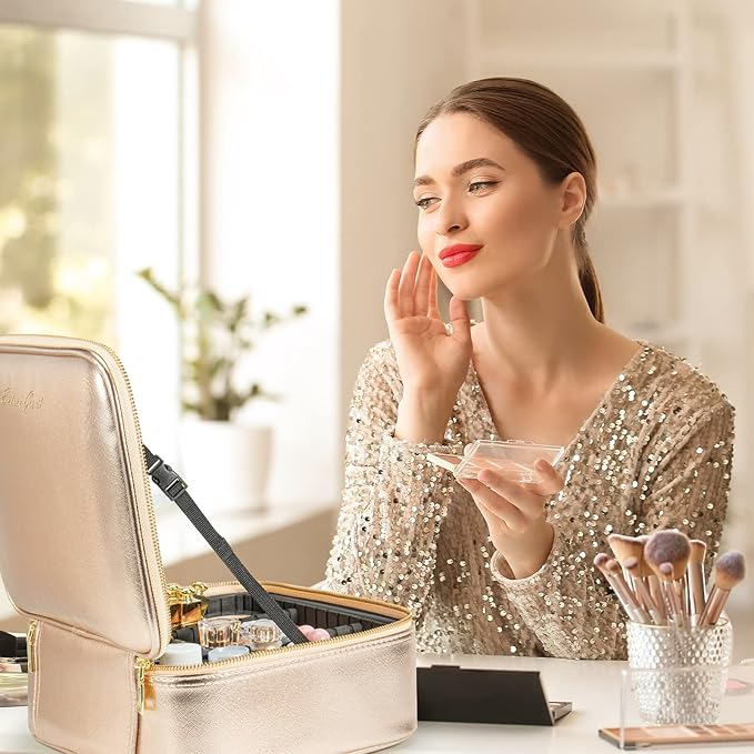 Makeup Travel Train Case with Mirror LED Light 3 Adjustable Brightness Cosmetic Bag Portable Storage Adjustable Partition Waterproof Makeup Brushes Makeup Jewelry Gift for Women