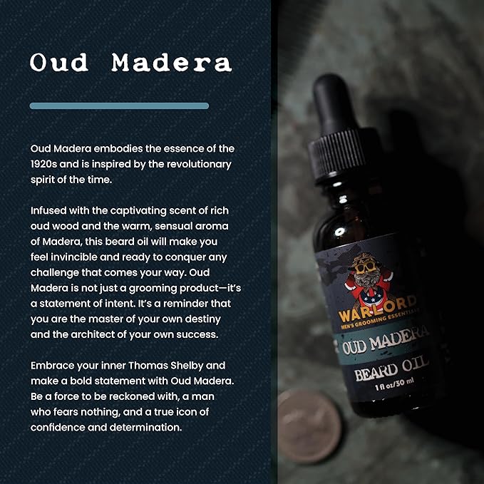 WARLORD Beard Oil & Beard Softener for Men - Beard Moisturizer & Natural Beard Oil to Reduce Itchy Skin, Tame Hair and Manage Frizz - Oud Madera, 1 Fl Oz
