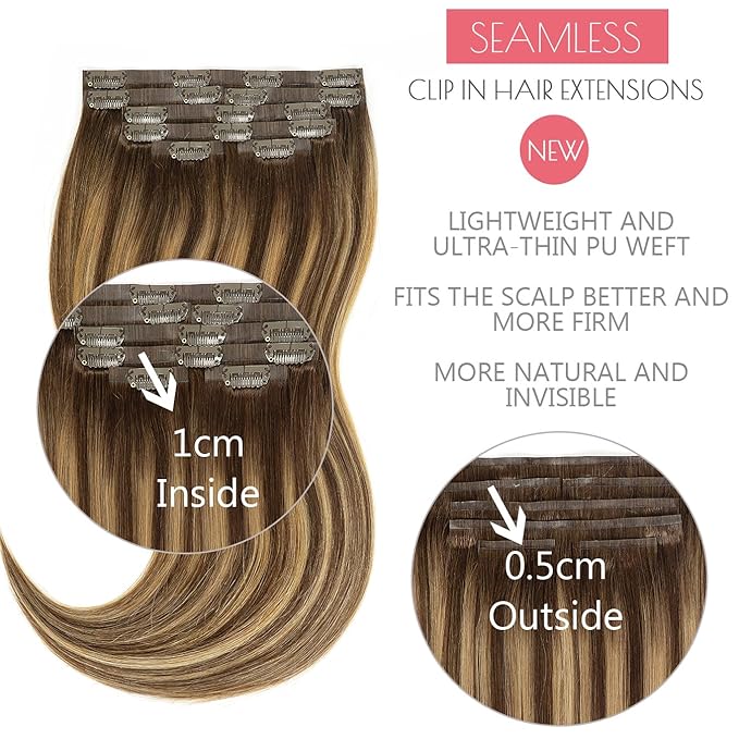 Seamless Clip in Remy Hair Extensions Human Hair Invisible PU Skin Weft Ombre Chocolate Brown to Caramel Blonde With Brown Roots Clip in Hair Extensions Thick Natural Hair 18inch 110gram 7pcs #R4-4/27