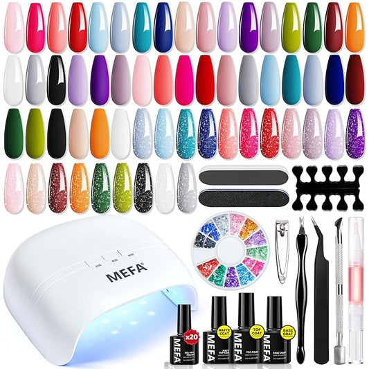 MEFA 34 Pcs Gel Nail Polish Kit with U V Light, 20 Colors All Seasons Soak Off Gel Polish Nail Set with Matte/Glossy Base Top Coat Essential Manicure Tools Nails Art DIY Salon Home