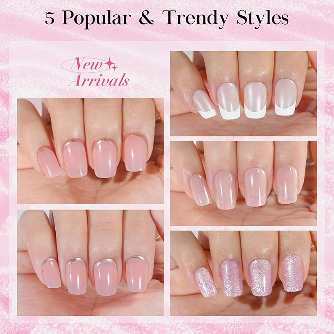 Chrome French Tip Press on Nails Short, Cat EyeSalon-Like Acrylic Fake Nails with Mermaid Pearl Chrome Gold Foil End Designs, Glossy & Natural Short Nails Press On