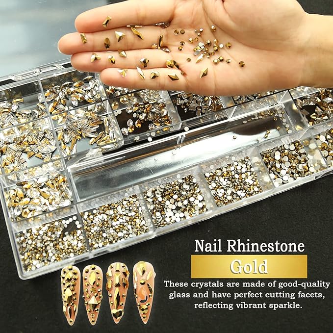 4180 Pcs Crystal Flatback Rhinestones Gems Nail Kit for Nail Art,Crafts,Clothes Shoes Decorations Jewelry (700 Diamonds + 3480 Flat Rhinestones, with Rhinestones Pen), Gold
