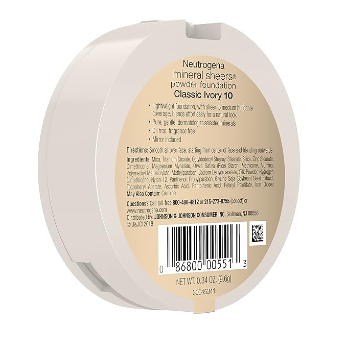 Neutrogena Mineral Sheers Compact Powder Foundation, Lightweight & Oil-Free Mineral Foundation, Fragrance-Free, Classic Ivory 10,.34 oz (Pack of 2)