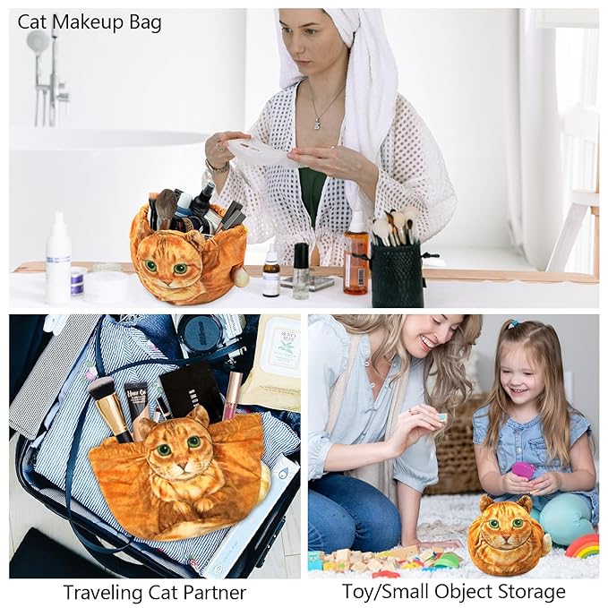 Openhaha Drawstring Travel Organizer, Cosmetic Pouch - Cat Gift for Women, Lay Flat Makeup Bag Gifts for Cat Lovers (2-Pack)