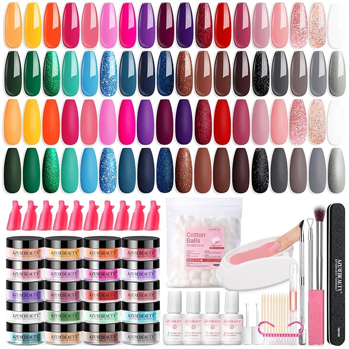 AZUREBEAUTY 170Pcs Dip Powder Starter Kit, 36 Spring Summer Blue Yellow Pink Neon Color Dipping Powder With Essential Liquid Set for French Nail Art Manicure Salon DIY Home