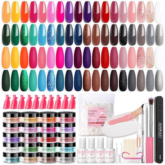 AZUREBEAUTY 170Pcs Dip Powder Starter Kit, 36 Spring Summer Blue Yellow Pink Neon Color Dipping Powder With Essential Liquid Set for French Nail Art Manicure Salon DIY Home
