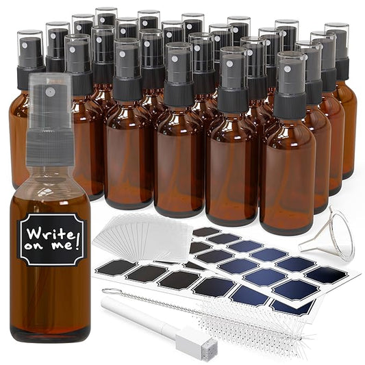 Nevlers Amber Glass Spray Bottles 2 Oz 24 Pack | Amber Glass Bottle Set w/Shrink Wrap, Funnel, Cleaning Brush & Sticker Labels| Mist Bottle For Use as Travel Spray Bottles For Face, Hair, Body & More