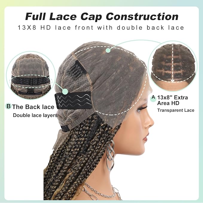 18" 13x8 Inch HD Lace Front Boho Box Braided Wigs With Cruls Ends Short Knotless Box Braid Wig for Women Full Braided Lace Front Wig With Baby Hair Blonde Natural Color