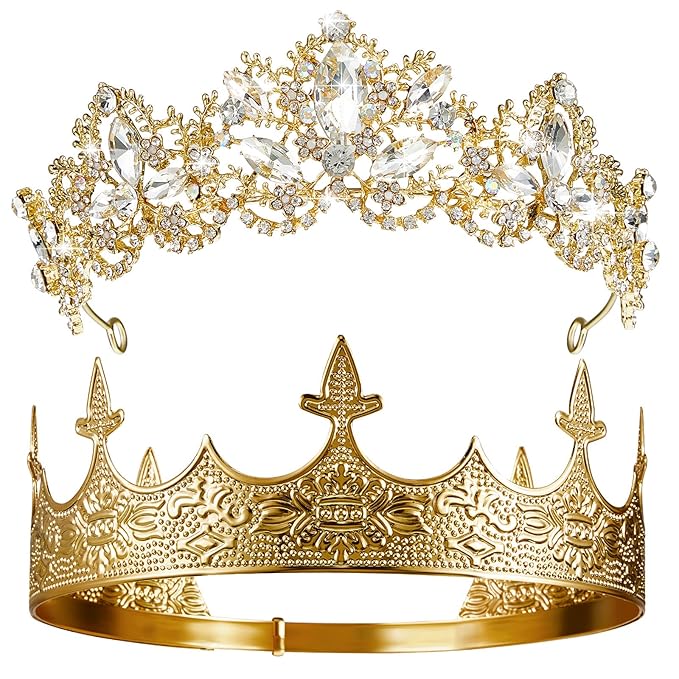 Sureio 2 Pcs Antique Royal King Crown for Men Baroque Queen Crown for 2025 Graduation Prom Party Crystal Tiara Prom Cosplay Birthday Wedding Hair Headband Accessories(Elegant Style)