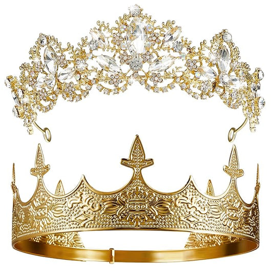 Sureio 2 Pcs Antique Royal King Crown for Men Baroque Queen Crown for 2025 Graduation Prom Party Crystal Tiara Prom Cosplay Birthday Wedding Hair Headband Accessories(Elegant Style)