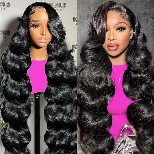 250 Density HD Lace Front Wigs Human Hair 13x6 Body Wave Pre Plucked Wig 28 inch Black