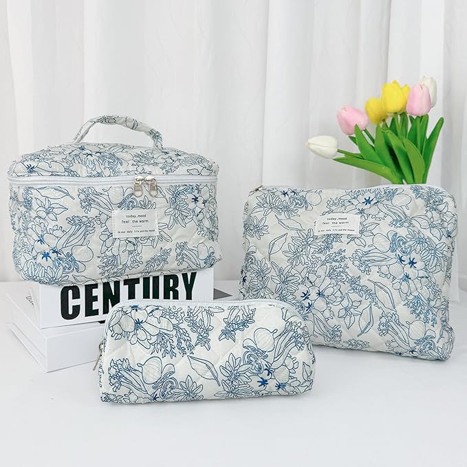 3Pcs Cotton Quilted Makeup Bag for Women Girls, Large Floral Cosmetic Bag Set Cute Makeup Brushes Aesthetic Accessories Storage Bag Flower Travel Toiletry Bag Organizer