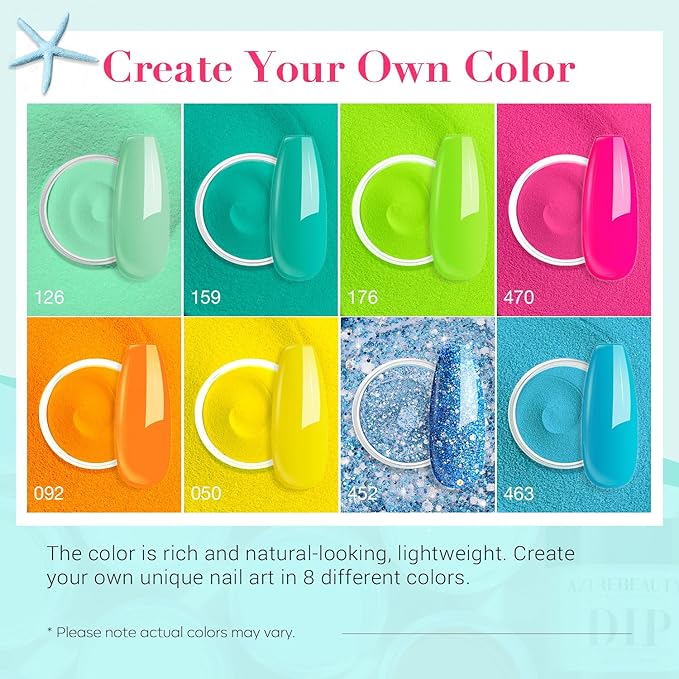 AZUREBEAUTY Dip Nails Powder Starter Kit, Hot Pink Neon Yellow Pastel Blue Green 8 Spring Summer Colors with Nail Sticks, Base Glossy Matte Top Coat Activator Liquid Set Manicure Art 30 PCS