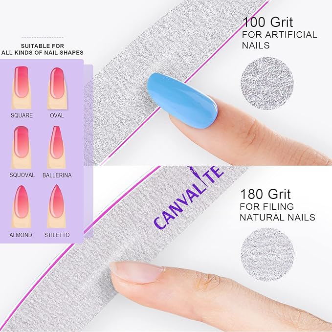 Canvalite 10 PCS Nail File Professional Nail Files Reusable Double Sided Emery Board(100/180 Grit) Nail Styling Tools for Home and Salon Use Christmas Gifts for Women