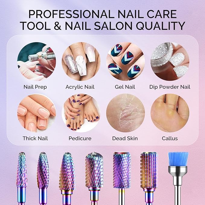 MelodySusie Nail Drill Bits Set, 7pcs Tungsten Carbide Diamond Nail Drill Bits for Acrylic Nails Poly Gel Cuticle Remove, 3/32'' Professional Nail Bits for Nail Drill Efile (A-Colorful)