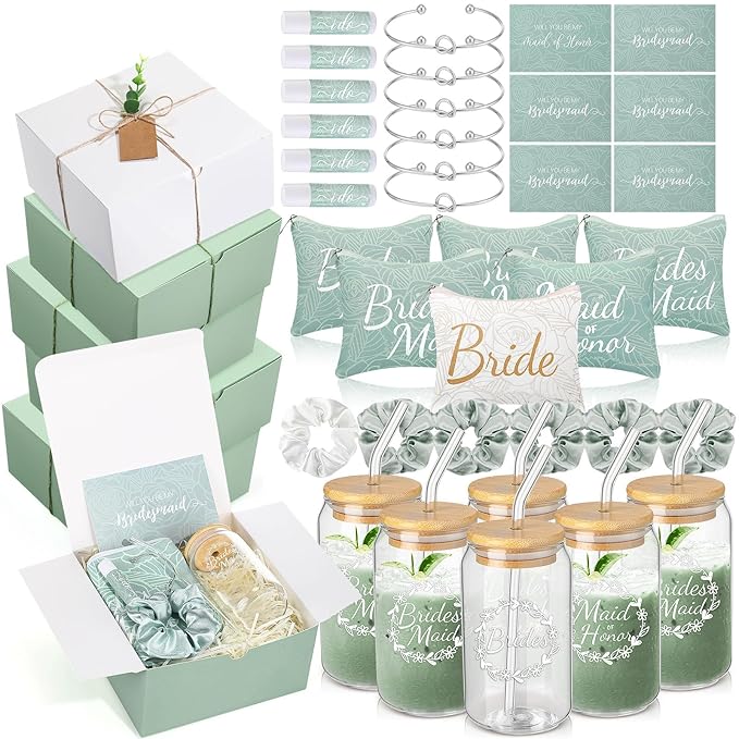54 Pcs Bridesmaid Proposal Gifts Bridesmaid Box Set Include Bridal Shower Gift Box Makeup Bag Invited Card Glass Cup Lip Balm Scrunchie Hair Knotted Bracelet for Maid of Honor(Green, White)